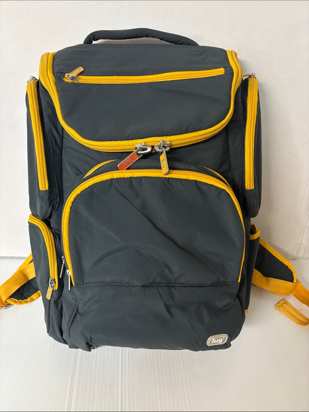 Lug Dark Gray Organizer Travel Multi pockets Backpack with Yellow Trim